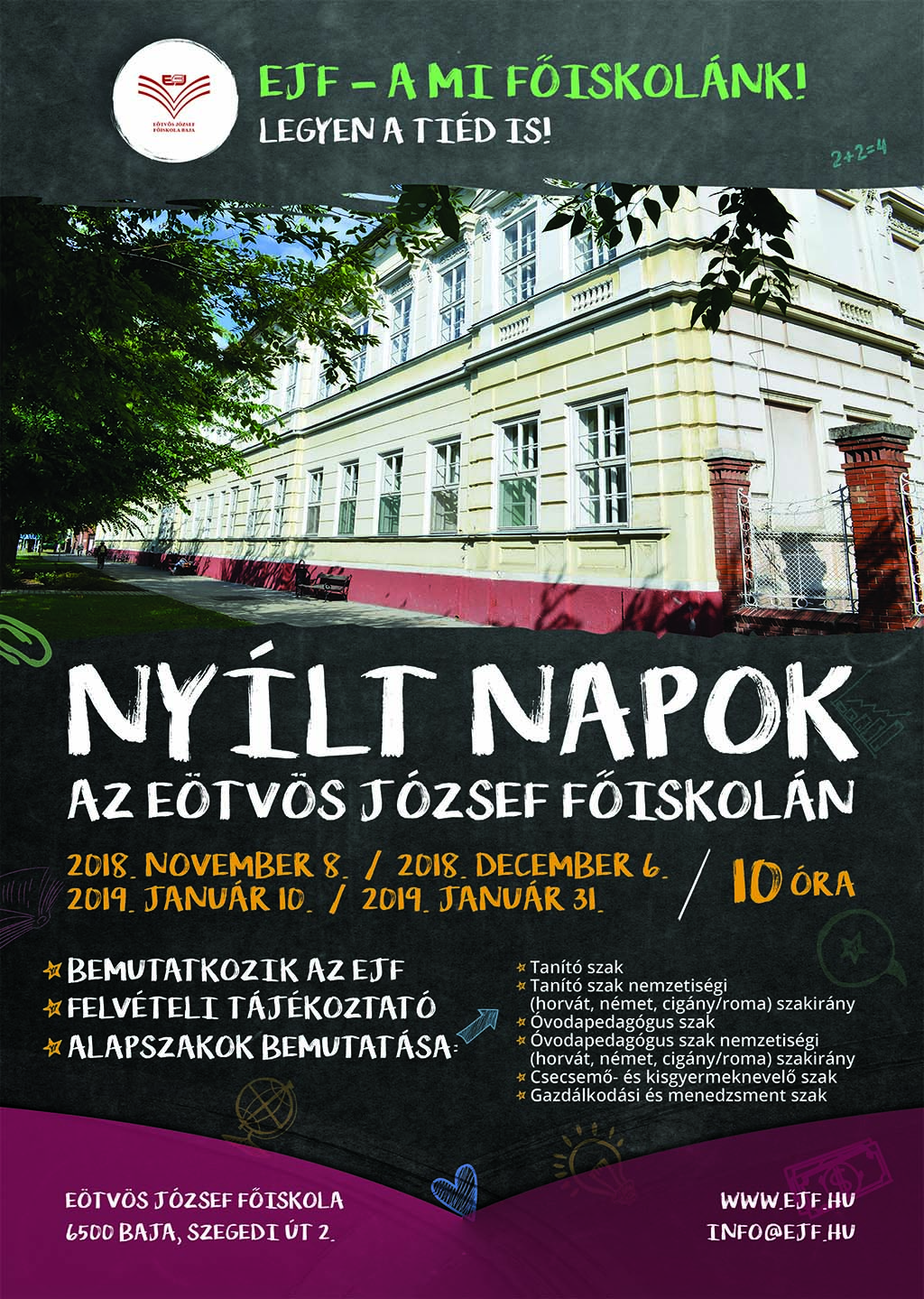 Az EJF Nyilt napos plakátja a 2018-19-es tanévre Nyilt napok az EJF-en 2018-as plakát