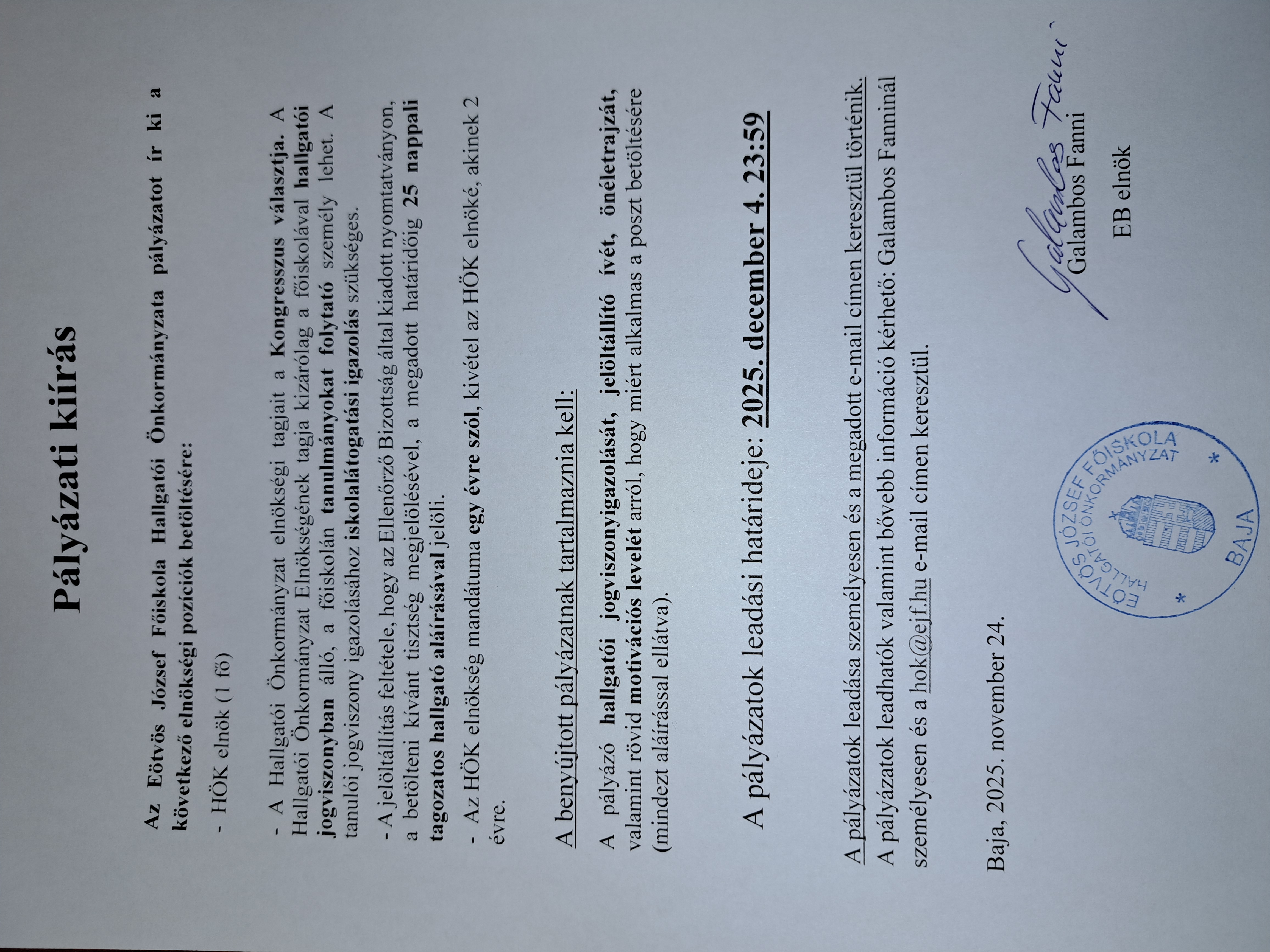 HÖK pályázati kiírás