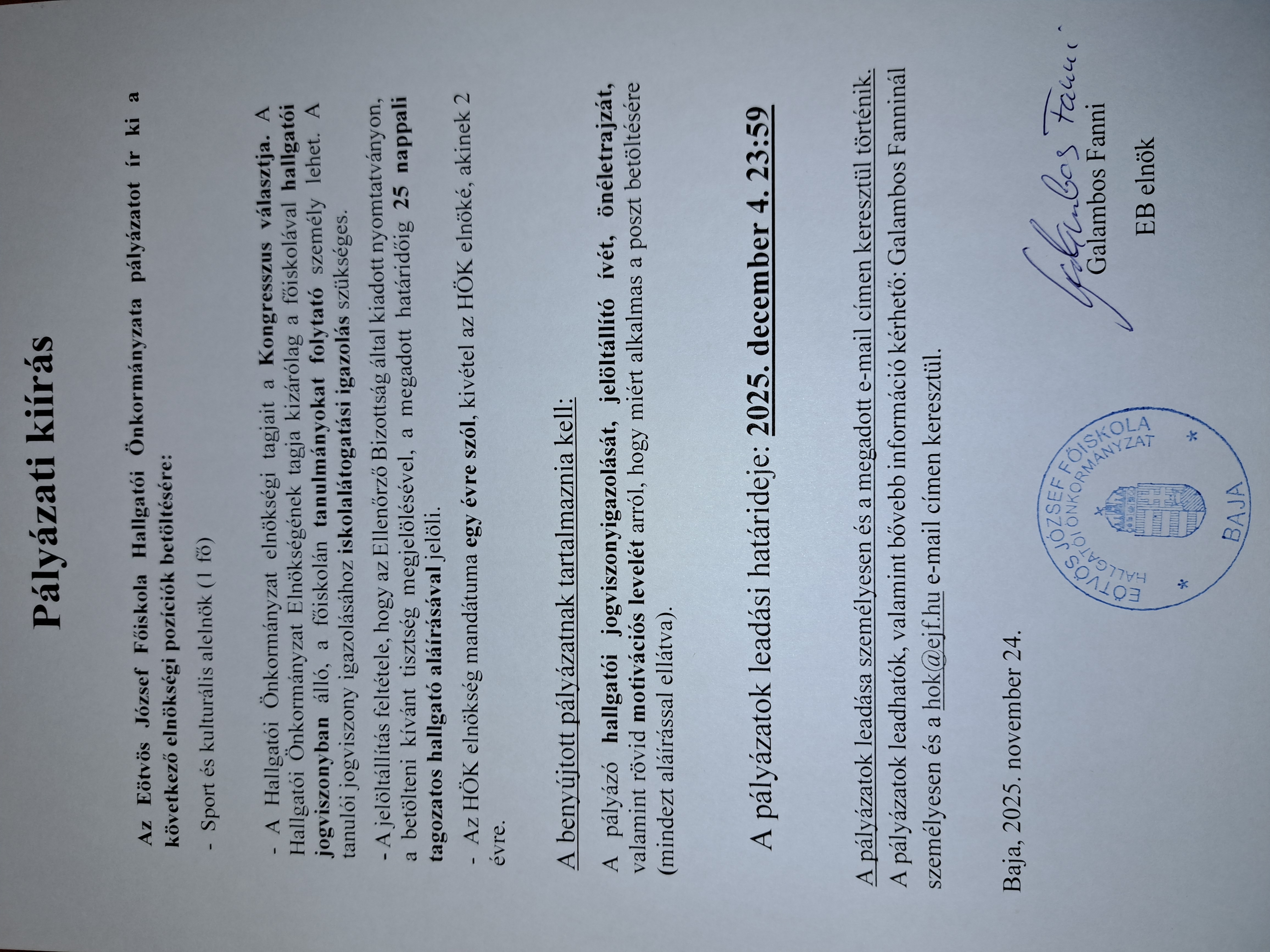 HÖK pályázati kiírás