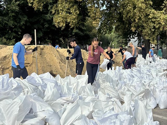 Árvízvédelmi munkálatok a Petőfi-szigeten.