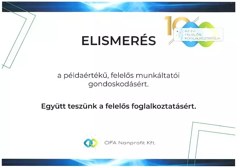 Elismerés a példaértékű, felelős munkáltatói gondoskodásért